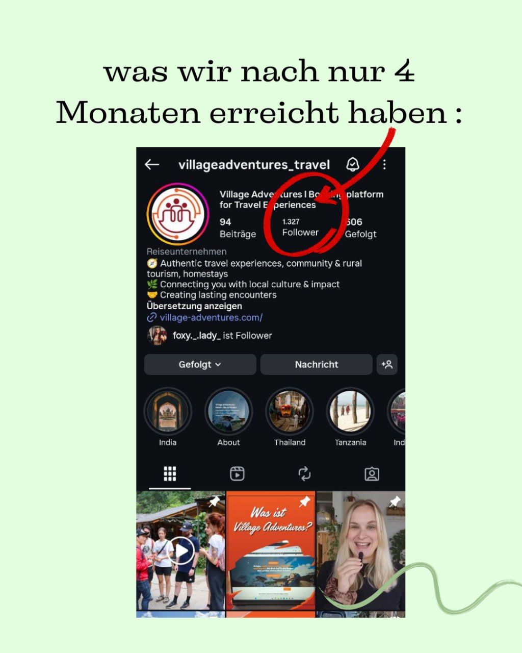 Village Adventures Instagram-Profil nach vier Monaten mit 1.327 Followern